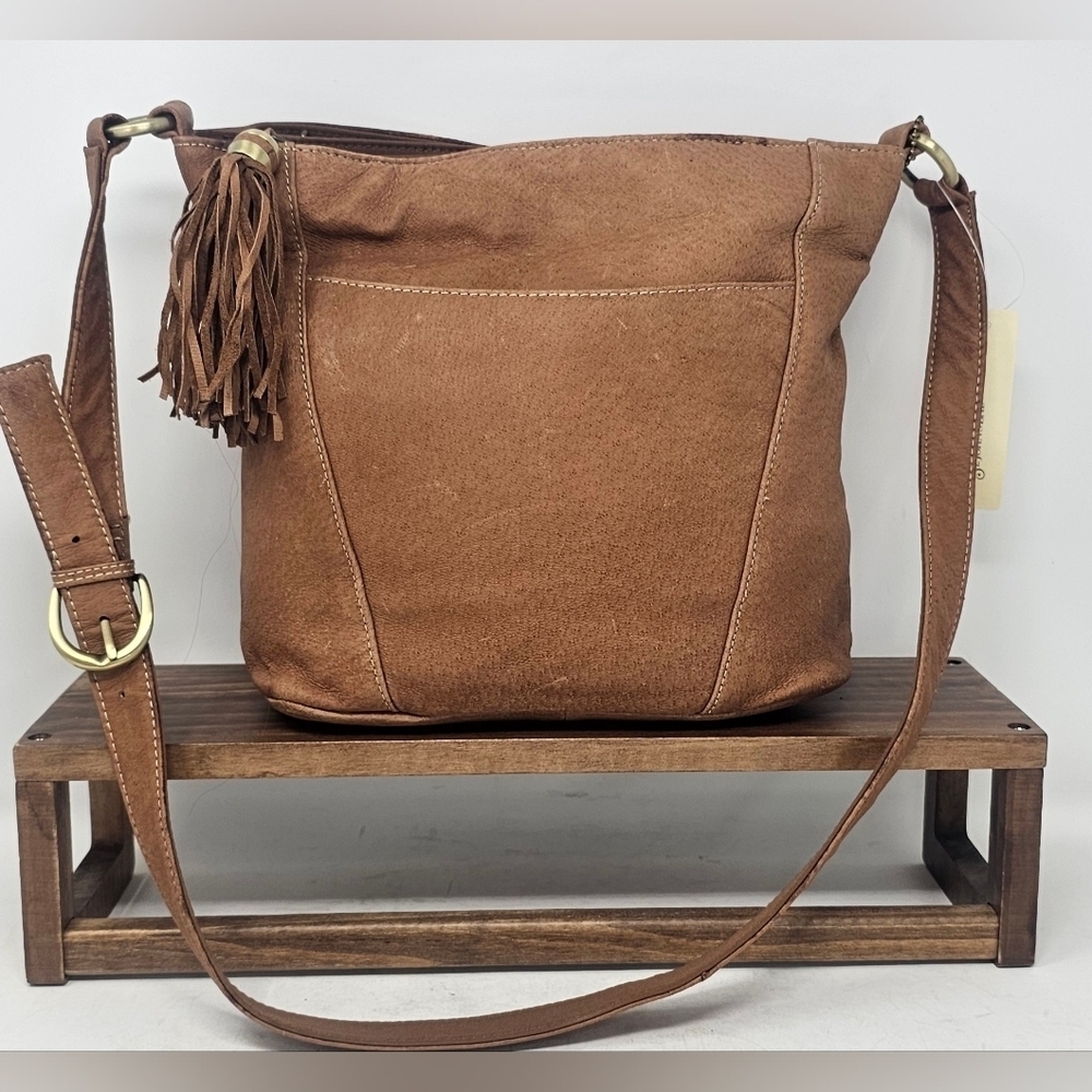 St. Johns Bay Leather Cognac Brown Feather Organizer Crossbody Shoulder Bag NWT